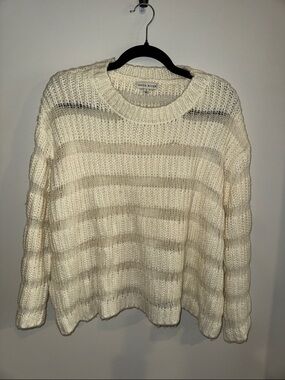 Moon River Cream Striped Open-Knit Crewneck Sweater